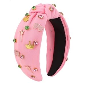 Pink Knotted Rhinestone Headband with Gold Charm Accents